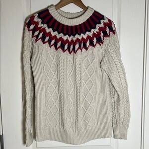J Crew Fair Isle Cable Knit Sweater Ivory Red White Navy Blue Medium